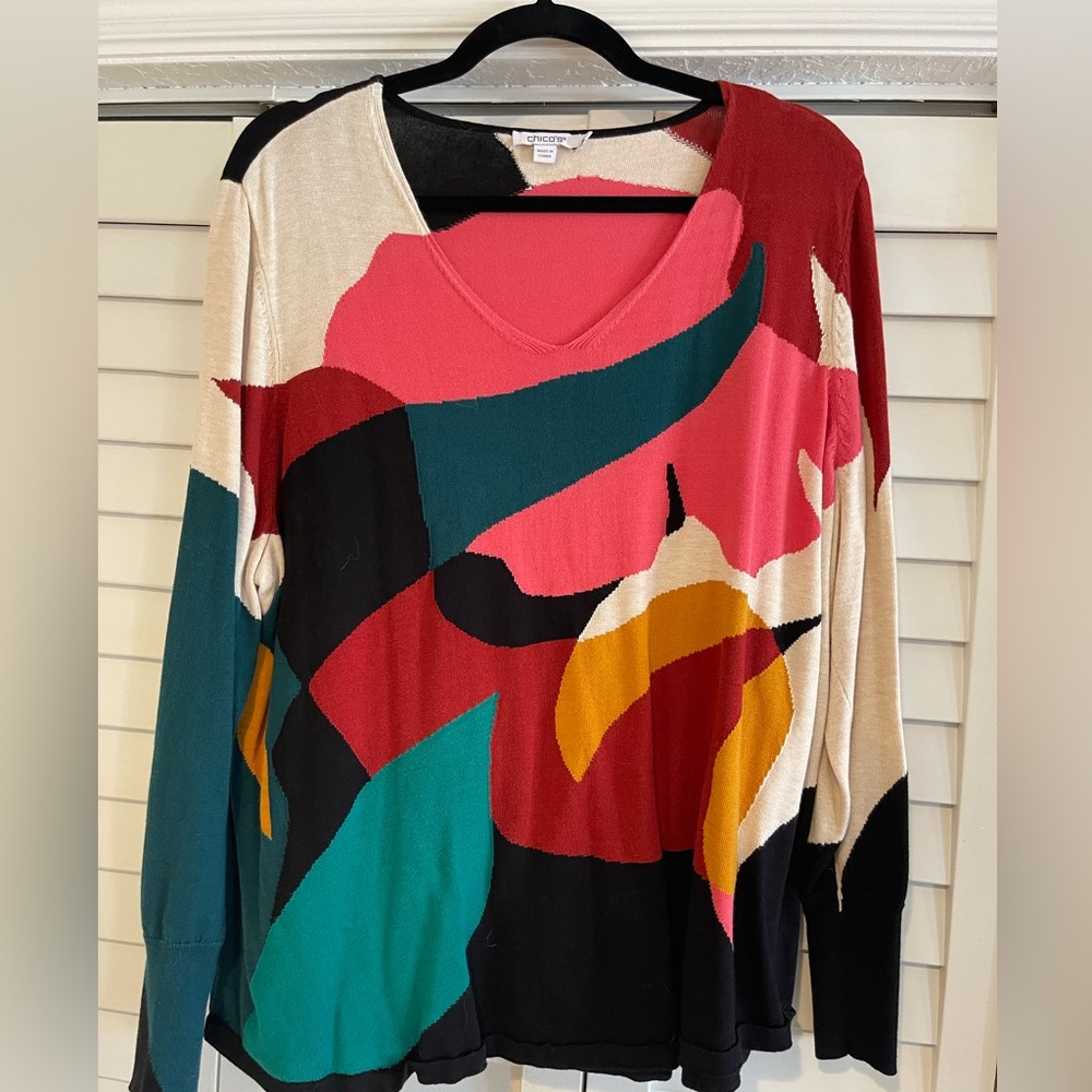 Chico's Coral Pink, Black & Cream Abstract Knit Top
